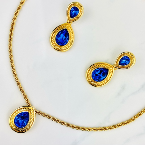 VTG 80s Swarovski Swan Blue Pear Cut Crystal Pendant Chain Necklace Earrings - Picture 5 of 11